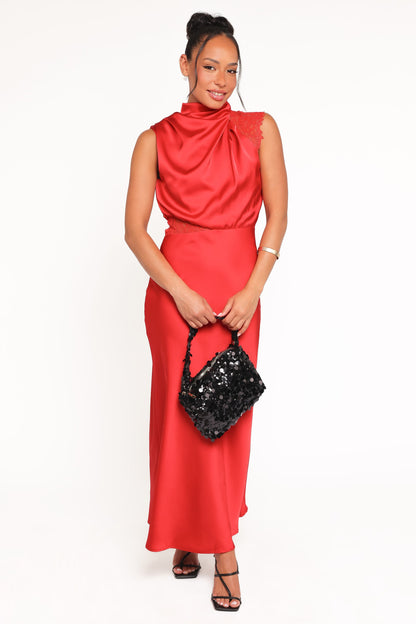 Anabelle Halter Neck Lace Maxi Dress - Red